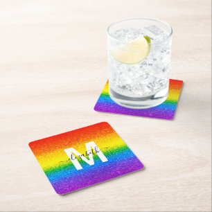 Porta-copo De Papel Quadrado Glitter do Orgulho LGBT Rainbow Stripes Nome do Mo