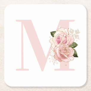 Porta-copo De Papel Quadrado Glitter Floral Monograma Rosa Dourado Feminino