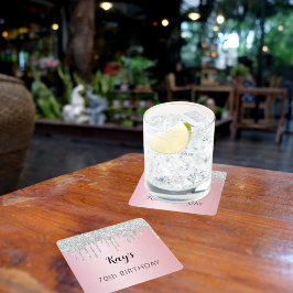 Porta-copo De Papel Quadrado Glitter prateado cor-de-rosa pinga nome aniversári