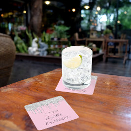 Porta-copo De Papel Quadrado Glitter prateado cor-de-rosa pinga nome aniversári