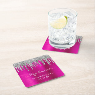 Porta-copo De Papel Quadrado Glitter prateado gotas cor-de-rosa quente 50.o ani