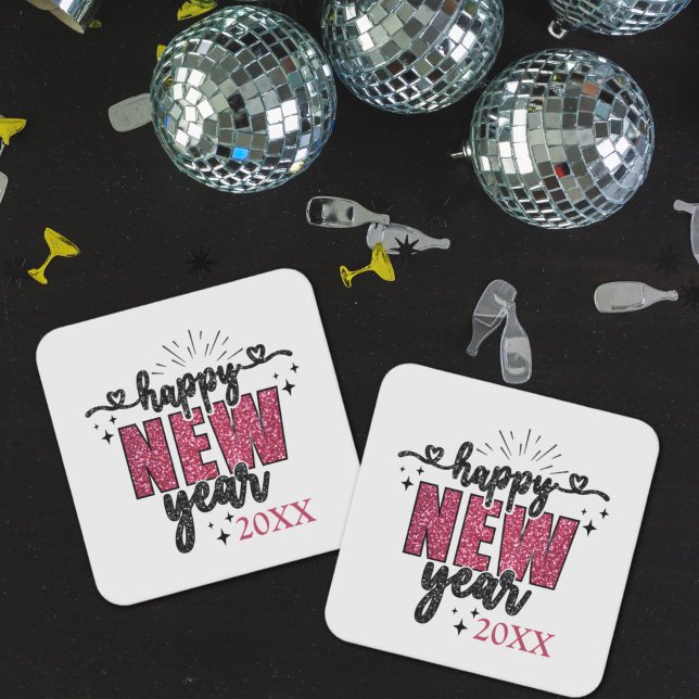 Porta-copo De Papel Quadrado Glittery New Year Eve Party (Glittery New Year's Eve party coaster)
