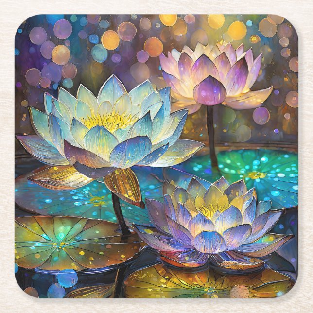 Porta-copo De Papel Quadrado Glowing Lotus Flowers Trio (Frente)