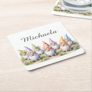 Porta-copo De Papel Quadrado Gnomos da Primavera em uma Pradaria