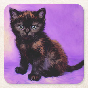 Porta-copo De Papel Quadrado Gogh Style Purple Cat