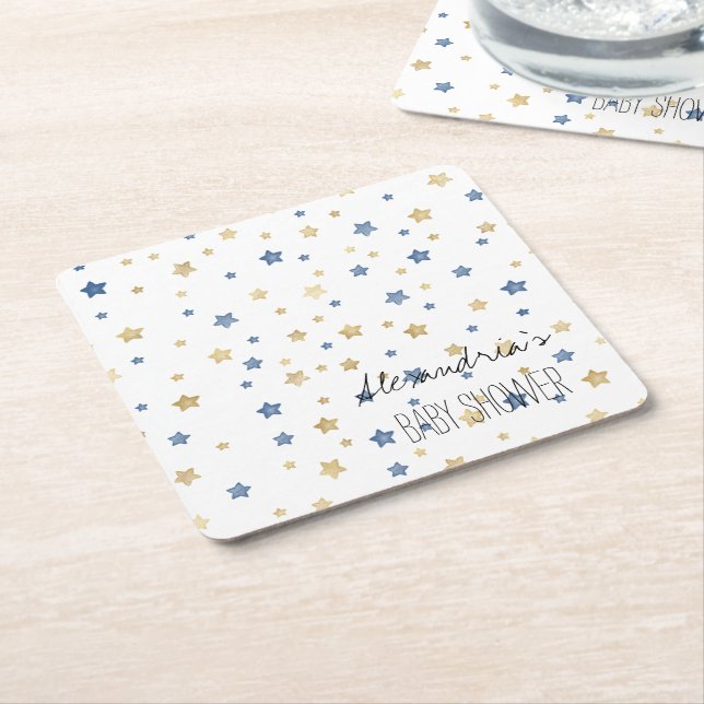 Porta-copo De Papel Quadrado Gold Blue Starlight Stars Personalized Baby Shower (Inclinado)