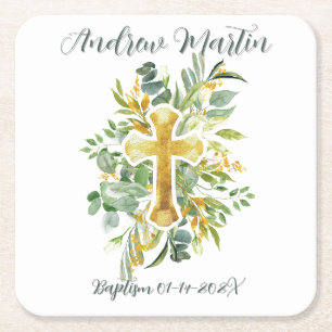 Porta-copo De Papel Quadrado Gold Cross Floral Watercolor Baptism 1.a Comunidad