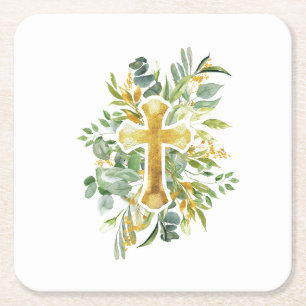 Porta-copo De Papel Quadrado Gold Cross Floral Watercolor Baptism 1.a Comunidad