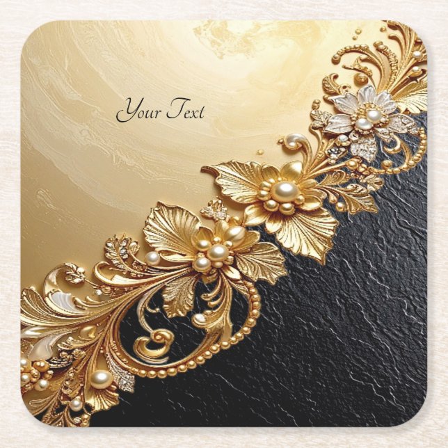 Porta-copo De Papel Quadrado Gold Floral Embellishments Paper Coaster (Frente)