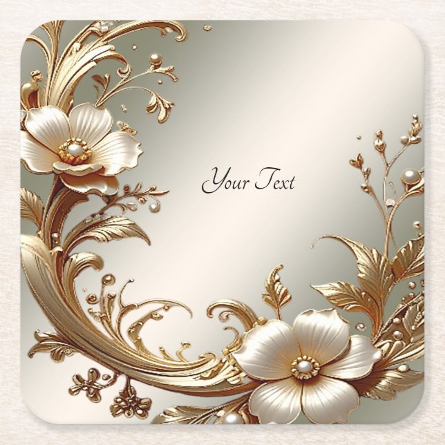 Porta-copo De Papel Quadrado Gold Floral Paper Coaster (Frente)
