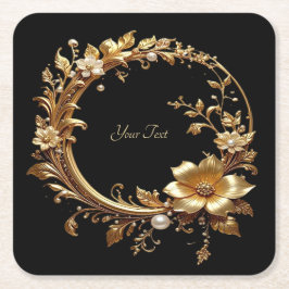Porta-copo De Papel Quadrado Golden Floral Ornate Frame Paper Coaster