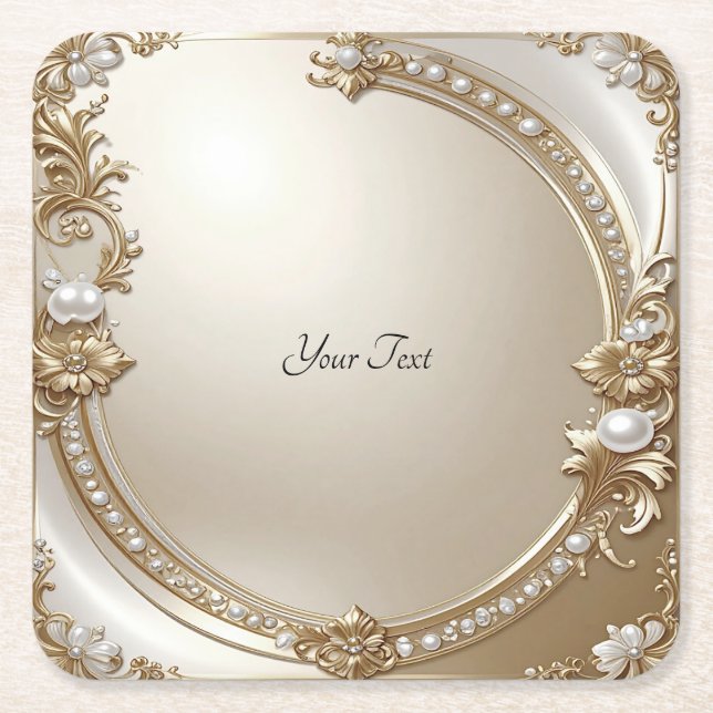Porta-copo De Papel Quadrado Golden Ornate Frame with Pearls Paper Coaster (Frente)