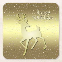 Golden Reindeer Snowy Holiday Paper Coaster