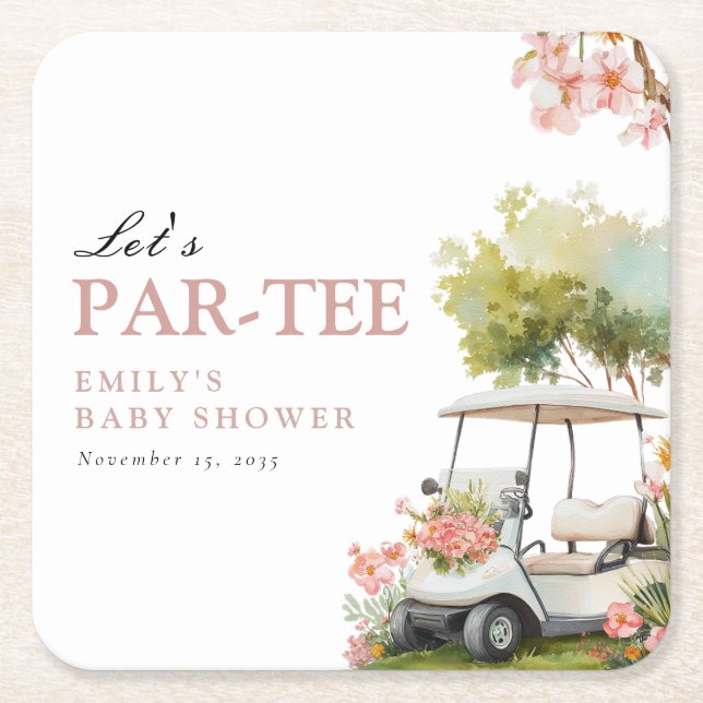 Porta-copo De Papel Quadrado Golf Let's Par-tee Girl Baby Shower (Frente)