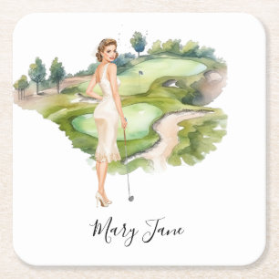 Porta-copo De Papel Quadrado Golf Mulher golfista no campo de golfe Nupcial