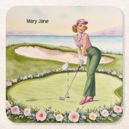 Porta-copo De Papel Quadrado Golf  Retro Golf Chic: Woman Golfer at the Green