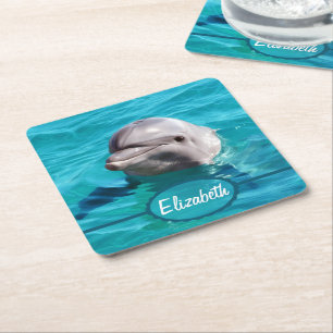 Porta-copo De Papel Quadrado Golfinho na foto da água azul