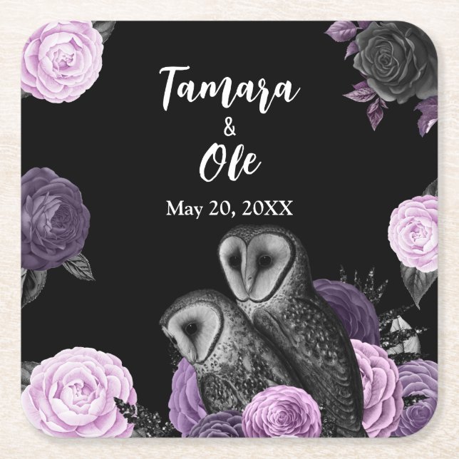 Porta-copo De Papel Quadrado Gothic Owls Wedding (Frente)