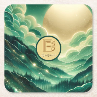 Porta-copo De Papel Quadrado Gradient Emerald Kelly Green Glitter Monograma