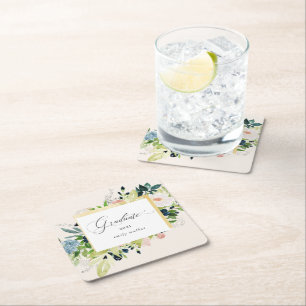 Porta-copo De Papel Quadrado Graduação Floral Blush Azul-Meia-Noite