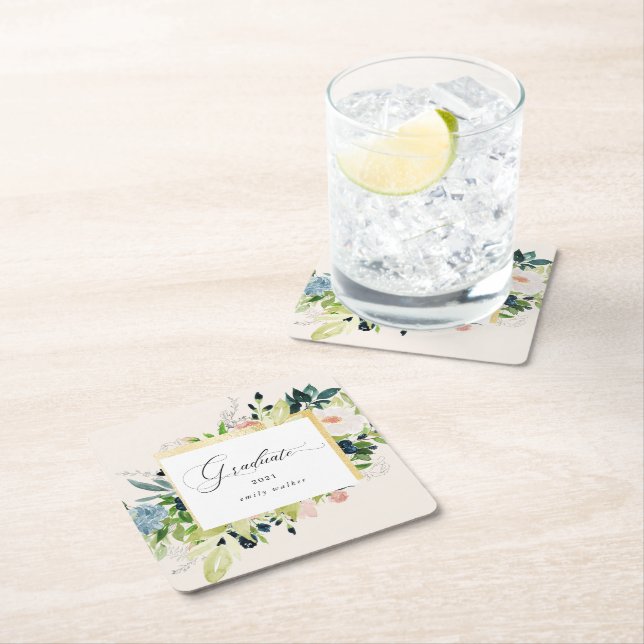 Porta-copo De Papel Quadrado Graduação Floral Blush Azul-Meia-Noite (Insitu)