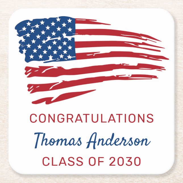 Porta-copo De Papel Quadrado Graduação Militar Patriótica de Bandeira Americana (Frente)