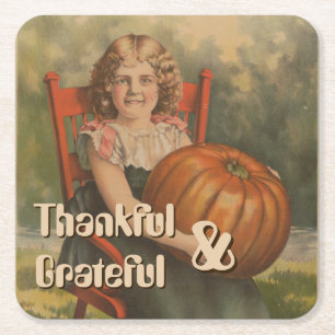Porta-copo De Papel Quadrado Grata e grata Vintage Girl with Pumpkin