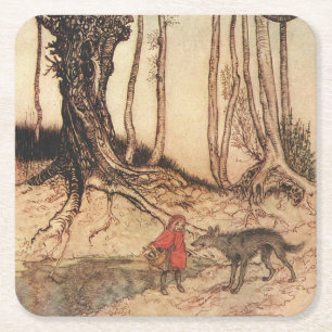 Porta-copo De Papel Quadrado Gravura vintage de Chapeuzinho Vermelho e Lobo de
