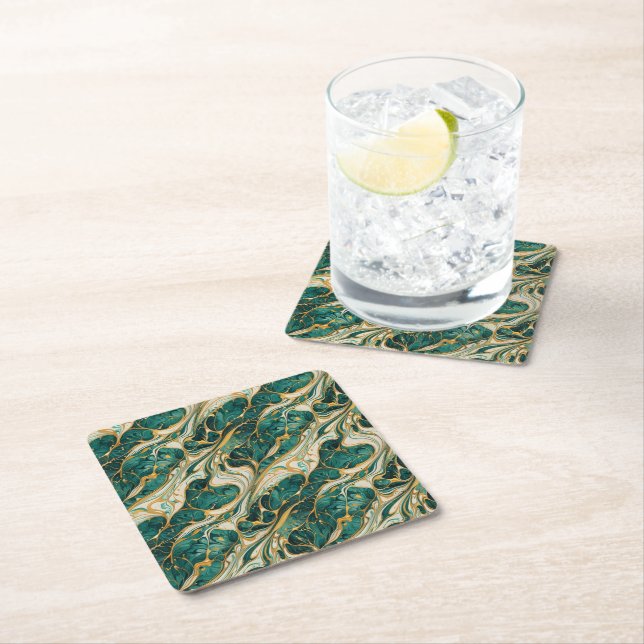 Porta-copo De Papel Quadrado Green and gold marble design coasters (Insitu)