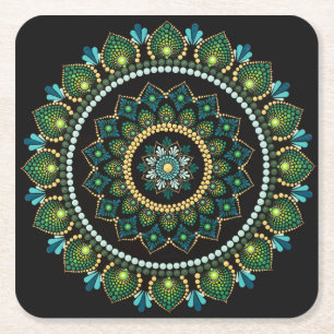 Porta-copo De Papel Quadrado Green Mandala   Pintado manualmente   Geometria Sa