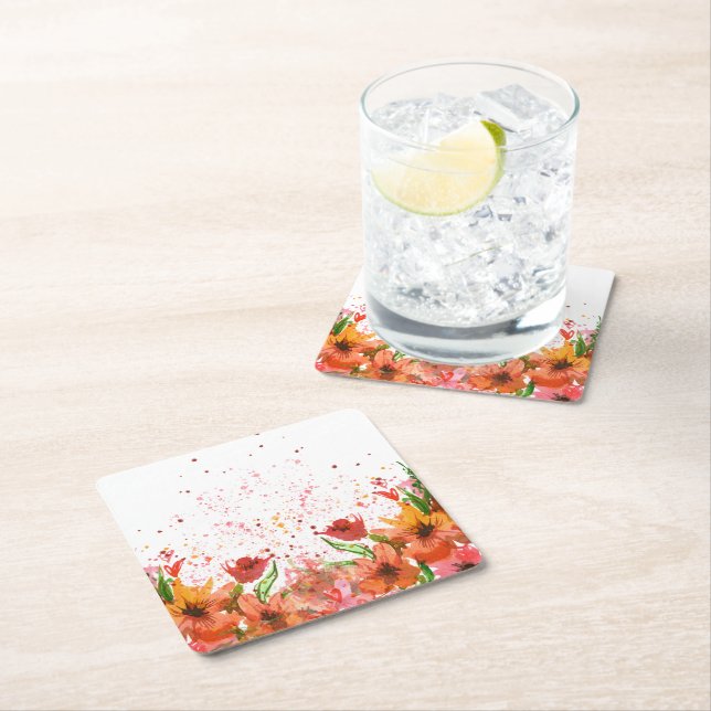 Porta-copo De Papel Quadrado Green & Orange Modern Abstract Floral (Insitu)