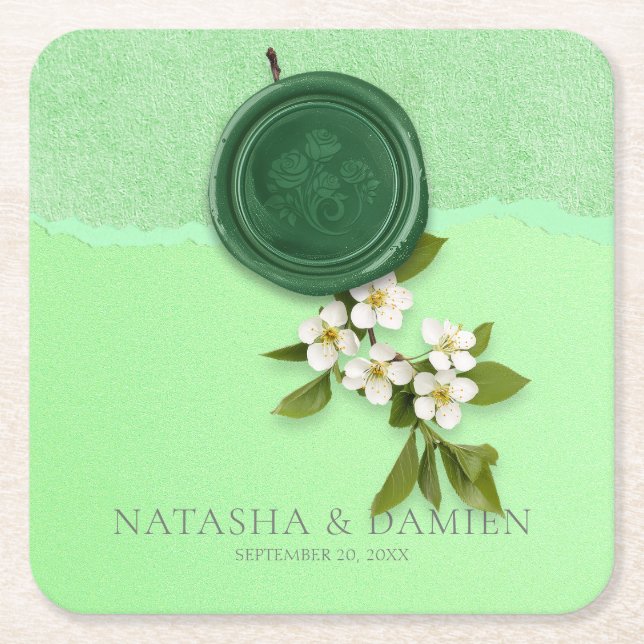 Porta-copo De Papel Quadrado Green Seal Wedding Paper Coaster (Frente)