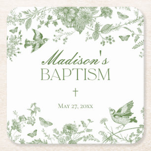 Porta-copo De Papel Quadrado Green Toile De Jouy Vintage Baptism Floral