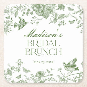 Porta-copo De Papel Quadrado Green Toile De Jouy Vintage Floral Bridal Brunch