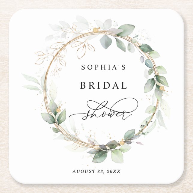 Porta-copo De Papel Quadrado Greenery and Gold Bridal Shower  (Frente)