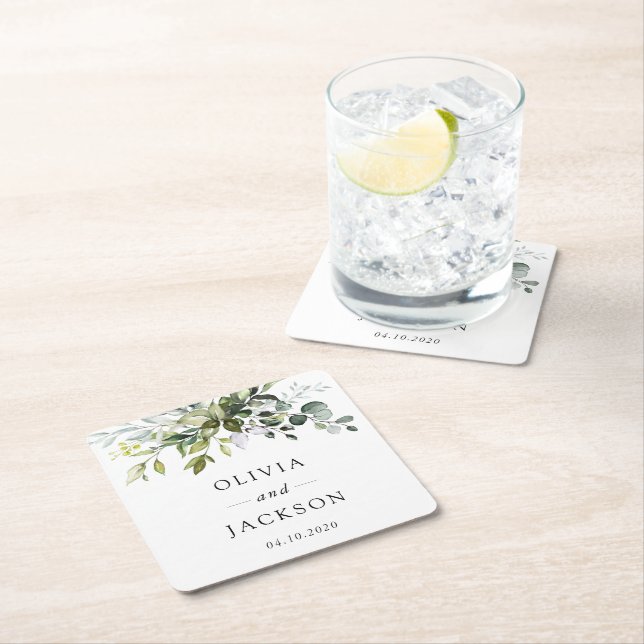 Porta-copo De Papel Quadrado Greenery, Eucalyptus Sai, Casamento Botânico (Insitu)