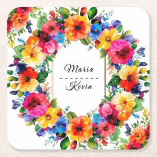 Porta-copo De Papel Quadrado Grinalda Floral de Casamento Colorida