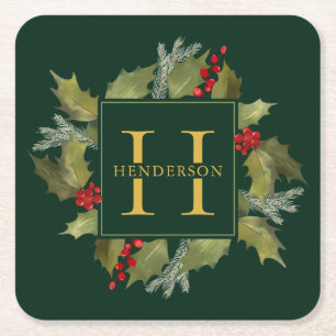 Porta-copo De Papel Quadrado Grinalda grande do azevinho do monograma da