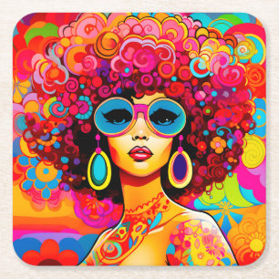 Porta-copo De Papel Quadrado Groovy Retro Afro Chic Pop Art