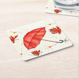 Porta-copo De Papel Quadrado Guarda-chuva vermelha brilhante e folhas vermelhas