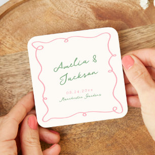 Porta-copo De Papel Quadrado Guardanapos de casamento verde e rosa desenhados à