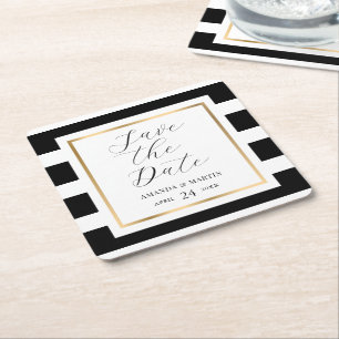 Porta-copo De Papel Quadrado Guardar a data de casamento em branco e Dourado