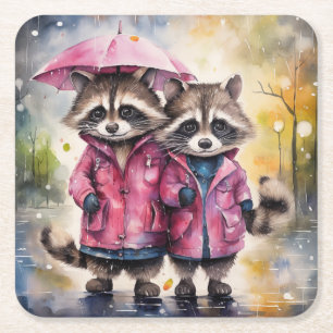 Porta-copo De Papel Quadrado Guaxinins Fofos na Chuva