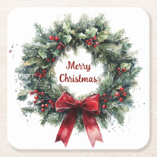 Porta-copo De Papel Quadrado Guirlanda de Natal Folhas de Azevinho Arco Vermelh