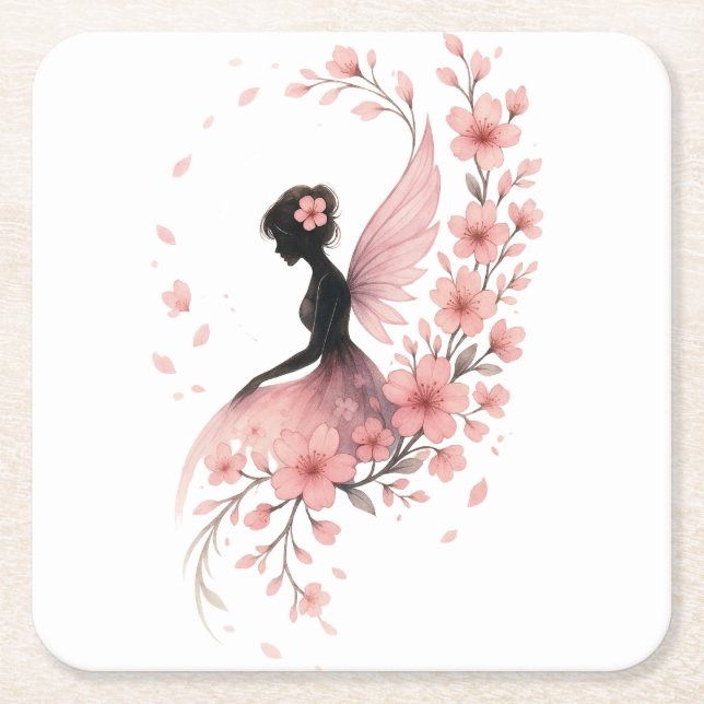 Porta-copo De Papel Quadrado Hada Rosa con Flores de Sakura (Frente)