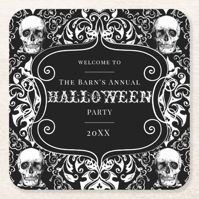 Porta-copo De Papel Quadrado Halloween Black White Damask Skull Gothic Personal (Frente)