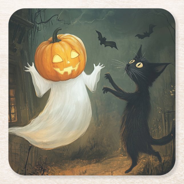 Porta-copo De Papel Quadrado Halloween Cat e Ghost (Frente)