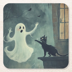 Porta-copo De Papel Quadrado Halloween Cat e Ghost