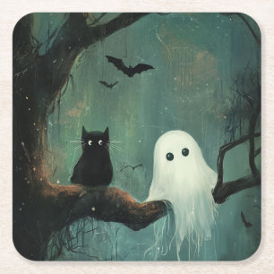 Porta-copo De Papel Quadrado Halloween Cat e Ghost