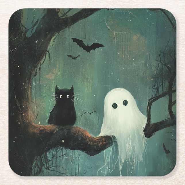 Porta-copo De Papel Quadrado Halloween Cat e Ghost (Frente)